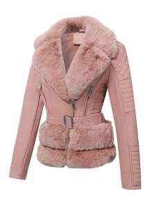 Faux Leather Jacket For Women With Elegant Faux Fur Collar, Belt, And Warm Vintage Style - Perfect For Fall And Winter Season Pink - 粉色 - 查看 3