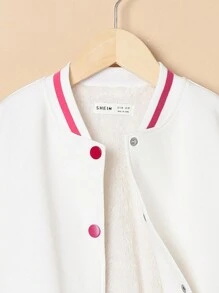 SHEIN 女大童花和標語圖案落肩袖撞色學院風夾克 - 玫紅色 - 查看 4