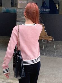 DAZY 條紋拼接邊前排扣開襟衫 - 粉色 - 查看 2