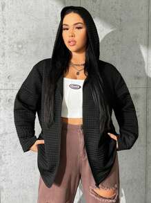 SHEIN EZwear Plus Drop Shoulder Hooded Jacket - Black - View 6