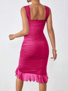 Allurite Vestido fruncido asimétrico bajo con fruncido - Rosa Fucsia - Ver 2