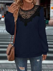 SHEIN Clasi Guipure Lace Insert Sweatshirt - Navy Blue - View 6