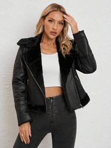 RELISH NOLESS 女士秋冬拉链仿皮草外套，黑色人造皮草大衣 - 黑色 - 查看 6