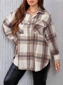 SHEIN Essnce 大碼格紋印花落肩翻蓋口袋大衣 - 青檸色 - 查看 3