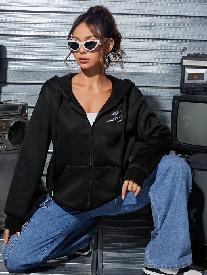 SHEIN EZwear Graphic Print Zip Up Drawstring Hoodie | SHEIN USA