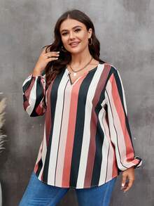 SHEIN LUNE Hơn In sọc Tay áo lồng đèn Curved Hem Áo sơ mi - Nhiều màu - Xem 5