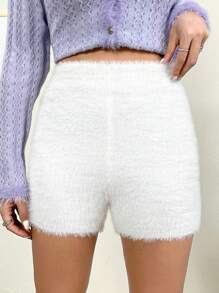 SHEIN Qutie Chất rắn Đan mềm mại Quần short - trắng - Xem 1