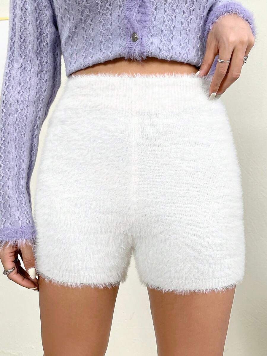 SHEIN Qutie Chất rắn Đan mềm mại Quần short - trắng - Xem 1