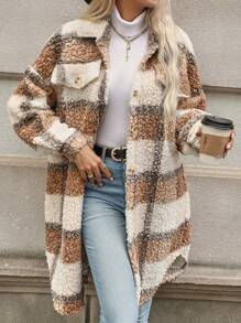 Chiquease Plaid Pattern Drop Shoulder Flap Detail Teddy Coat - Multicolor - View 6