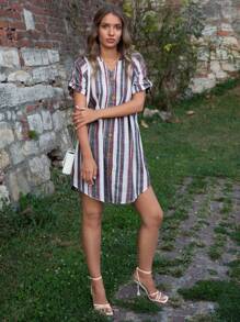 SHEIN LUNE Striped Print Roll Tab Sleeve Button Front Curved Hem Dress - Multicolor - View 4