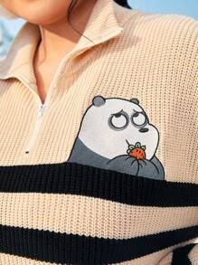 We Bare Bears X SHEIN Plus Striped Pattern Cartoon Embroidery Drop Shoulder Sweater Dress - Apricot - View 5