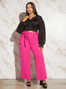 SHEIN SXY 大碼前收褶褶邊緞面襯衫 - 黑色 - 查看 1