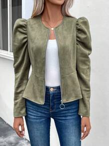 Cazadora de manga gigot con cremallera peplum - Verde militar - Ver 1