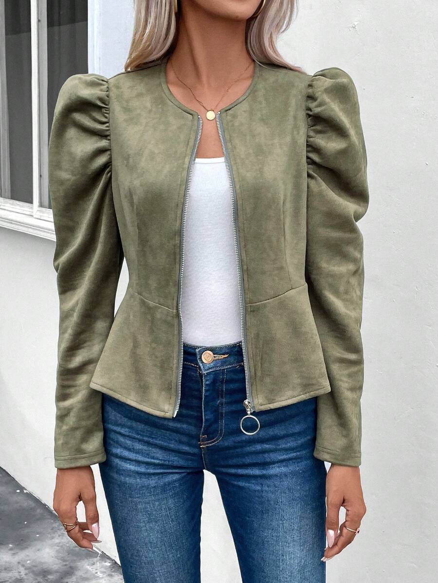 Cazadora de manga gigot con cremallera peplum - Verde militar - Ver 1