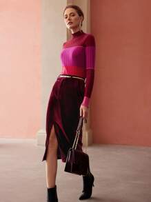 MOTF PREMIUM 絲絨中長半身裙不附腰帶 - 酒紅色 - 查看 5