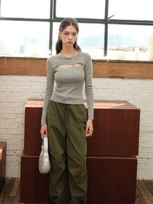 Solid Cut Out Front Sweater - Grey - View 7