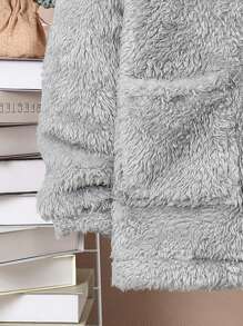 SHEIN 男大童字母補丁細節雙口袋落肩袖絨毛外套 - 灰色 - 查看 5