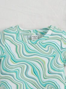 SHEIN Baby Girls' Casual Water Ripple & Tie-Dye Pattern Set - Green - View 3