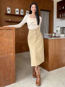 DAZY 扭結正面方領肋編針織毛衣 - 杏色 - 查看 7