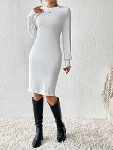 SHEIN Essnce 素色插肩袖緊身洋裝不附腰帶 - 白色 - 查看 5