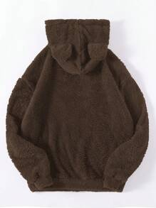 SHEIN LUNE Solid Teddy Hoodie - Coffee Brown - View 2