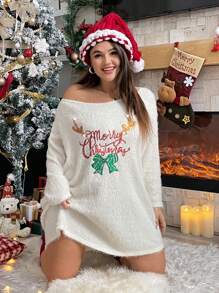 SHEIN Essnce Plus Christmas Print Drop Shoulder Flannel Dress - White - View 4