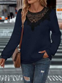 SHEIN Clasi Guipure Lace Insert Sweatshirt - Navy Blue - View 5