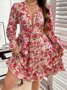 Celure Hơn Vải in hoa tay áo lá sen Xù Hoa Sen Đầm - Màu Hoa hồng đỏ - Xem 1