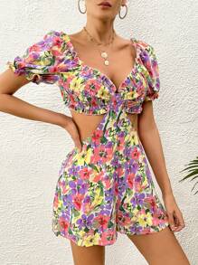 Soleia 印花腰部鏤空連身短褲 - 紫色 - 查看 4