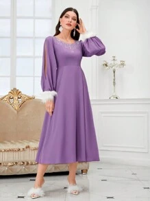 Modelyn 毛茸邊開衩袖A字洋裝 - 紫色 - 查看 3