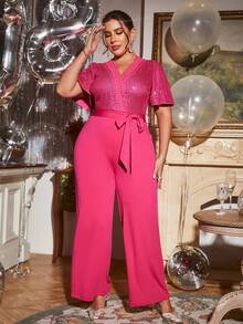 Glamaker Jumpsuits Plus Size màu trơn Thanh lịch - Màu Hồng Tươi - Xem 5