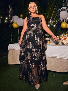 Glamaker Plus One Shoulder Split Thigh Sequin Cocktail Dress - Black - View 5