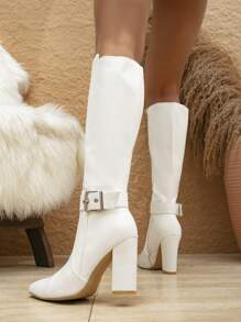 女款時尚 Pu 皮帶扣粗跟高跟鞋及膝靴尖頭摩托車靴,適合工作、聚會和外出 - 白色 - 查看 3