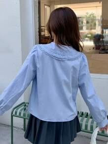 DAZY Áo sơ mi dài tay cổ thắt nơ, Quần áo mùa thu - Màu xanh lam - Xem 2