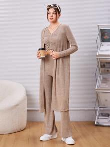 SHEIN Teen Girl Cardigan & Top & Pants - Khaki - View 2