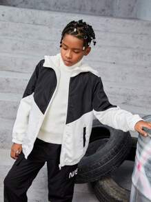 Tween Boy Two Tone Zip Up Hooded Coat Without Sweater - Black and White - View 3