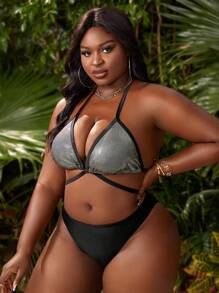 Slaydiva Conjunto de bikini triangular con tirantes de contraste metálico y falda de playa para talla grande, perfecto para el verano - Multicolor - Ver 3