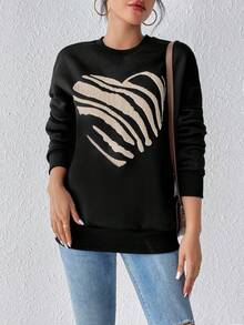 SHEIN Frenchy Heart Print Drop Shoulder Sweatshirt - Black - View 6