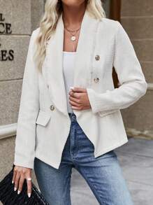 SHEIN Clasi 青果領雙排釦翻蓋細節花呢外套 - 白色 - 查看 5