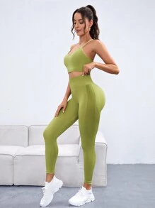 Easithlete Crisscross Backless Wide Waistband Sports Set Workout Set Workout Women Set Women Leggings Set - Green - View 3