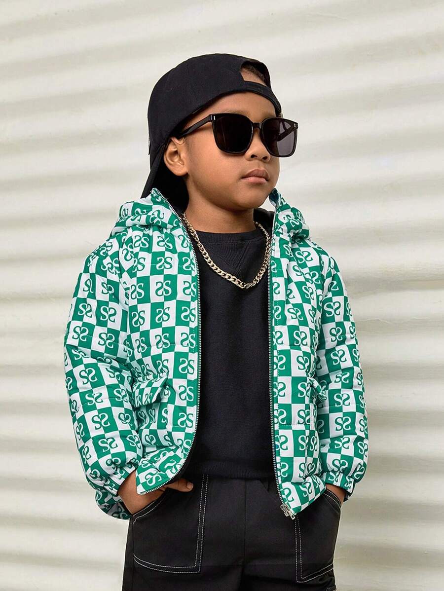 SHEIN Leap Crew 年轻男孩满版字母图案拉链连帽棉服外套 - 綠色 - 查看 1