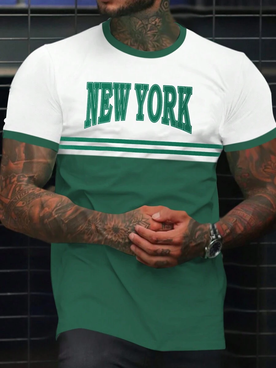 Manfinity Homme Men Letter Graphic Two Tone Contrast Trim Tee - Green - View 1