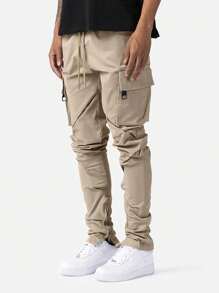 Manfinity Loose Fit Men's Cargo Pants With Flap Pockets, Side Drawstring Waist - Apricot - View 1