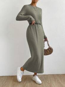 SHEIN Essnce 條紋針織T恤連衣裙不附腰帶 - 軍綠色 - 查看 5