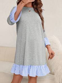 SHEIN Thai sản In sọc tay áo lá sen Xù Hoa Sen Váy Smock - Xám - Xem 5