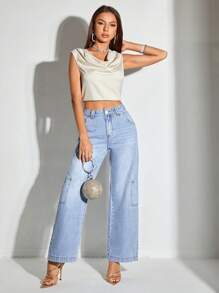 SHEIN BAE High Waist Pocket Side Wide Leg Jeans - Light Wash - View 3