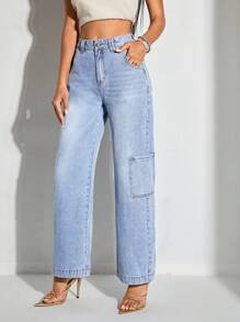 SHEIN BAE High Waist Pocket Side Wide Leg Jeans - Light Wash - View 4