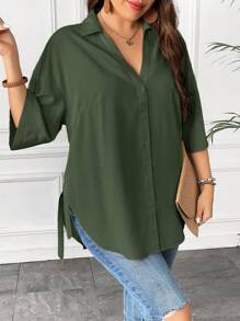 Calvaya Talla grande Camisa unicolor de hombros caídos con nudo bajo curvo - Verde militar - Ver 5