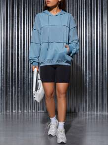 SHEIN PETITE 頂針落肩袖抽繩連帽衫 - 藍色 - 查看 6