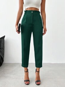 SHEIN Cottnline بنطلون بدلة خصر عالي جيب مائل - أخضر داكن - مشاهدة 1